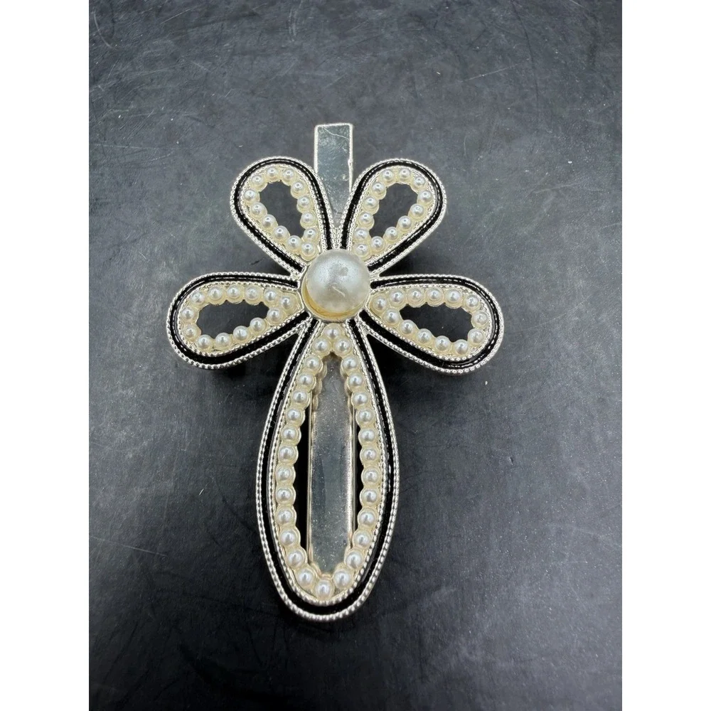 Vintage Faux Pearl Cross Barrette ✝️🤍 Filigree Hair Clip – Formal/Bridal Access